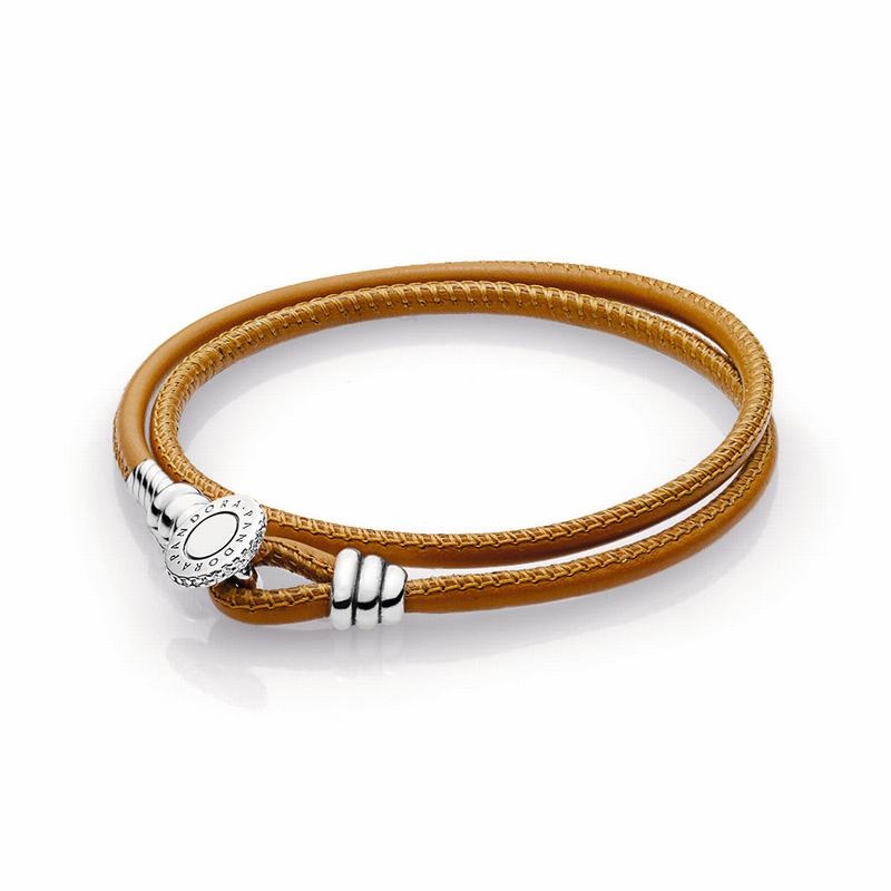 Pandora Golden Tan Double Leather Bracelet - Sterling Silver/Leather/Brown/Cubic Zirconia - Canada |